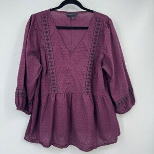Lane Bryant Womens Plum Peasant Tunic Top V-Neck Embroidered Size 16 100% Cotton